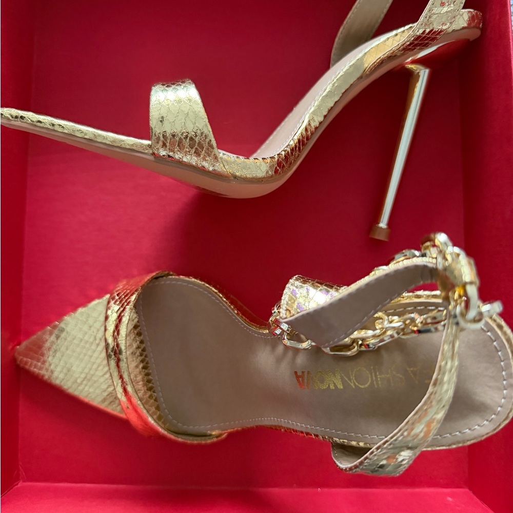 Fashion Nova Gold Metallic Snake-Embossed Stiletto Sandals